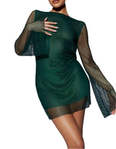 Meshki Samira Flare sleeve emerald diamante mesh mini dress